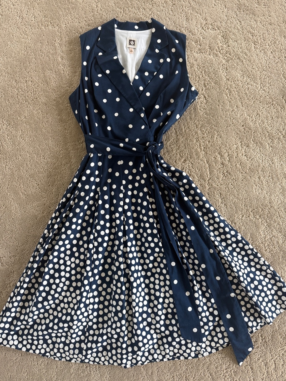 Anne Klein Polka Dot Dress 6 Navy White Sleeveless Faux Wrap Fit Flare Belt